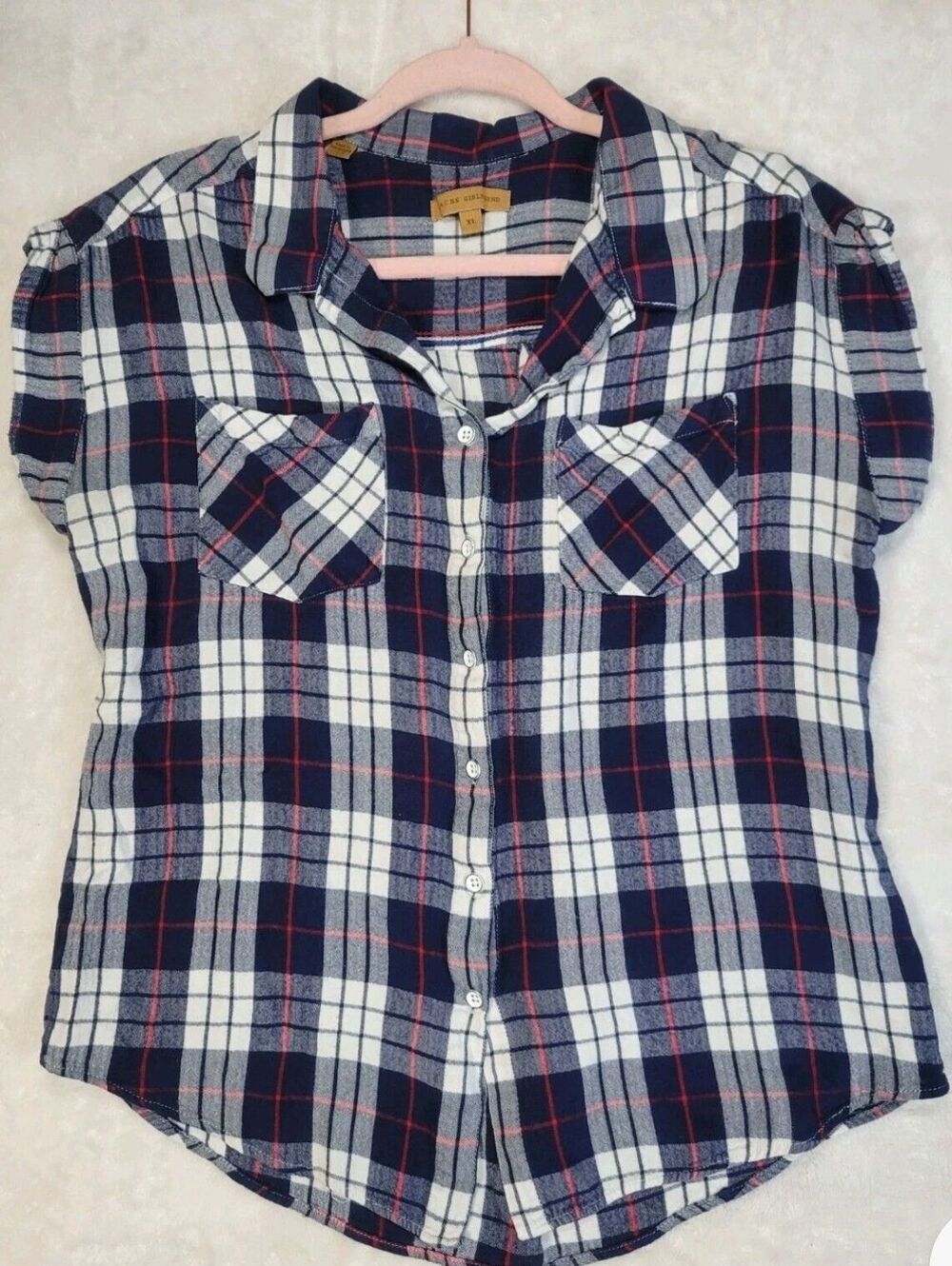 Merona Women's Navy Blue and White Plaid Button-Up Shirt